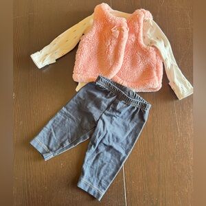 Carter’s 3 piece fuzzy vest set - pink, floral, denim - 3m